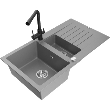 Mexen Matias гранитна мивка 1, 5-камерна с отцедник и кухненски смесител Duero, сива - 6502-71-671600-70 (6502-71-671600-70)
