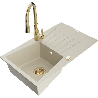 Mexen Cesar гранитна мивка с 1 отделение и отцедник и кухненски смесител Savita, бежова - 6514-69-672601-50 (6514-69-672601-50)