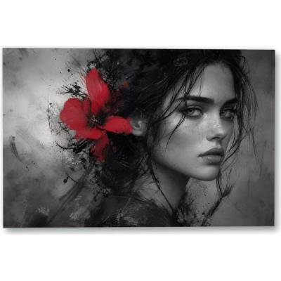 Plakát – Monochromní portrét s červeným květem 135 × 90 cm Bez rámu Ne Bez rámu