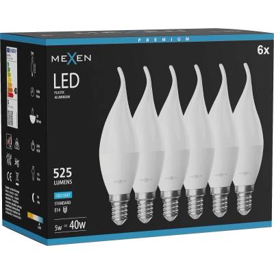 Mexen Nova 6x LED крушка пламък E14, C37, 5W, Студено - 6500K, 525 lm - L106-E14-0565-01x06 (L106-E14-0565-01x06)