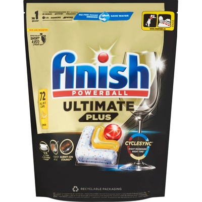 Finish Powerball Ultimate Plus Всичко в 1 капсули за миялна машина с лимон 72бр + подарък проба продукт (3315052)
