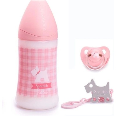 SUAVINEX SET SCOTTISH fľaša 270ml cumel 06m+KLIP ružová