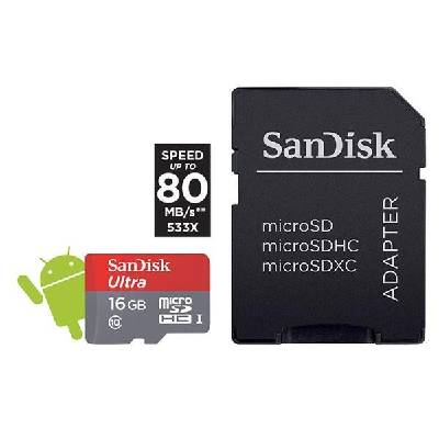 SanDisk microSDHC Ultra Android 16GB (139726) 80 MB/s Class10 + Adapter