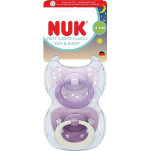 Nuk Силиконови залъгалки NUK First Choice - Day & Night, 18м+, за момиче, лилави, 2 броя (10177264) - ozone