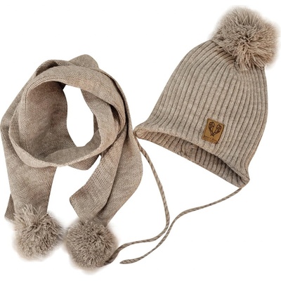 Dvojvrstvová pletená čiapočka na zaväzovanie šál s brmbolcami béžový melírok