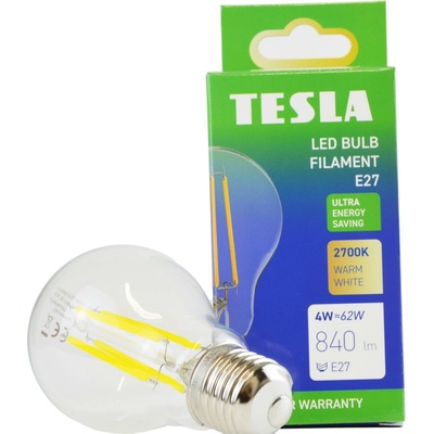 Tesla LED žárovka FILAMENT A class, E27, 4W, 840lm, 2700K teplá bílá, 360st, čirá, 230V, 25 000h