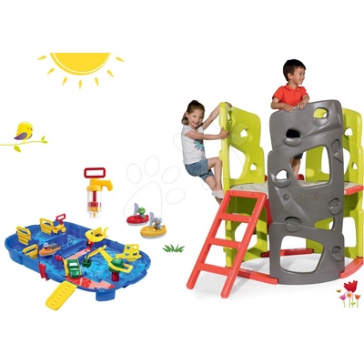 Smoby set preliezačka Multi-Activity Tower na šplhanie so šmykľavkou a vodná dráha Lock Box v kufríku s loďkami a pumpou 840201-19
