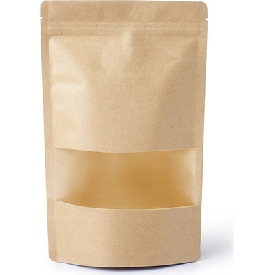 Doypack PAP/PET/PE(CPP) hnědý s okénkem kulaté rohy bal. 100 ks Objem: 100 ml – Hledejceny.cz