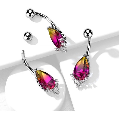 Šperky eshop piercing do pupíku z chirurgické oceli růžovo-žlutá křišťálová slza čirý zirkon W47.35