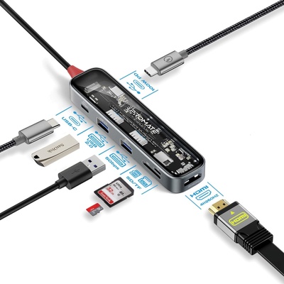 ProMate Хъб ProMate TRANSHUB-LITE 7-in-1 Transparent USB-C Hub with 100W PD Passthrough Port, 4K@60Hz HDMI, USB-A 3.0, USB-A 2.0, USB-