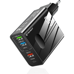 Techsuit - Премиум зарядно за стена PentaXPower (CHC1) - 3x USB, 2x Type-C PD 25W, 65W, GaN, бързо зареждане - черно