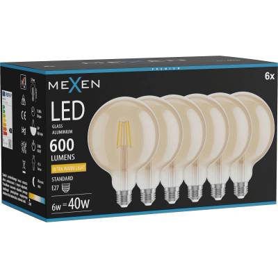 Mexen Vintis 6x LED филаментна крушка E27, G125, 6W, Топло - 2200K, 600 lm, амбър (L158-E27-0622-50x06)
