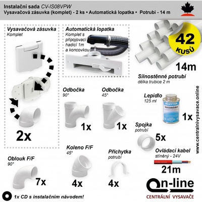 Instalační komplet centrálního vysávání - zásuvka (2 ks), podlahová štěrbina (1 ks), potrubí (14 m), potrubní díly (42 dílů). Určeno pro centrální vysavače a centrální vysávání.