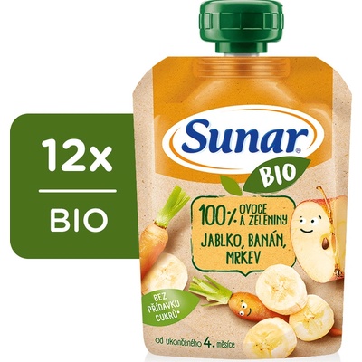 Sunar BIO ovocná vrecúško jablko banán mrkva 4m+ 12 x 100 g