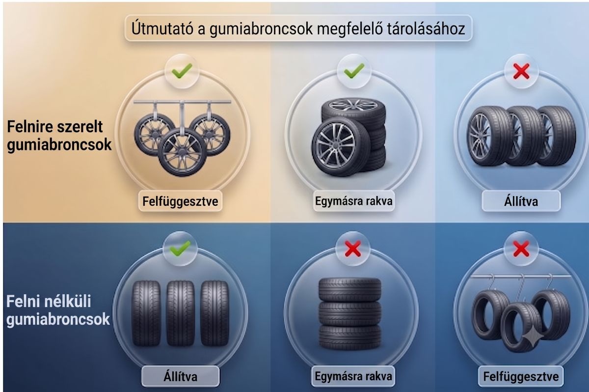 Ábra, amely bemutatja a gumiabroncsok megfelelő tárolását felnivel és felni nélkül
