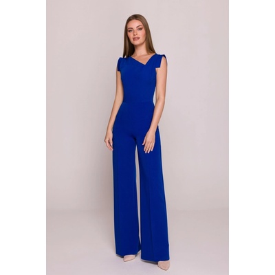Stylový dámský elegantní overal asymetrickým výstřihem modrý