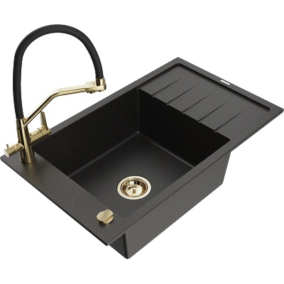 Mexen Elias умивалник гранитен с 1 камера с отцедник и кухненски смесител Duo, черен/златен металик - 6511-75-671701-57-G (6511-75-671701-57-G)