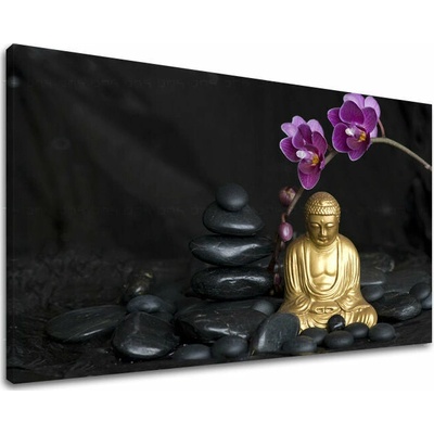 Papilora Obraz zlatého Budhu v zlatej, čiernej a fialovej na plátne – Feng Shui - 30x40 cm