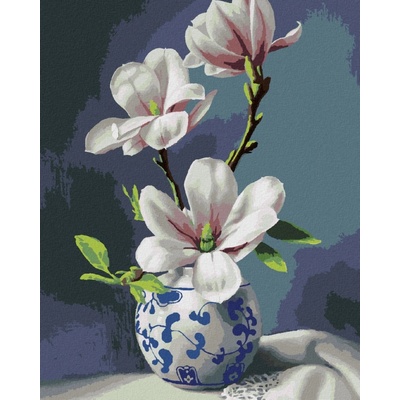 Zuty Malování podle čísel ZÁTIŠÍ MAGNOLIE V BÍLOMODRÉ VÁZE PIETER WAGEMANS