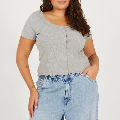 Brave Soul Фланелка с къс ръкав Brave Soul BS Plus Size Button Through Short Sleeve Top with Lettuce Hem - Grey Marl