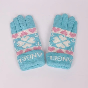 Image 1 of Зимни плетени ватирани ръкавици в синьо и розови сърца