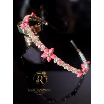 Image 1 of Radi handmade Елегантна диадема с ромбовидни перли в коралови и златисти кристали (514)