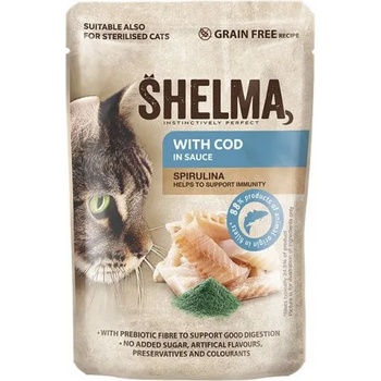 Partner in Pet Food SHELMA Adult Pouch GRAIN FREE - пауч за котки, БЕЗ ЗЪРНО, 88% продукти от животински произход, риба треска и спирулина в сос - 85 гр - 40667