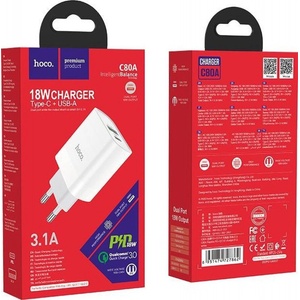 hoco. Адаптер 220V C80A Rapido PD+QC3.0 charger(EU) - Бял