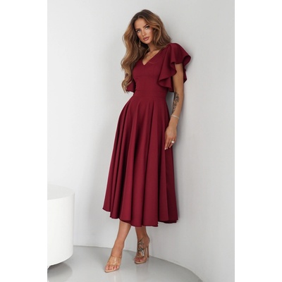 Warsaw Dress midi šaty s volánovými rukávmi Bordové