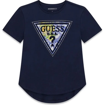 GUESS Тъмносиня асиметрична свободна тениска за момиче с цветно лого Guess