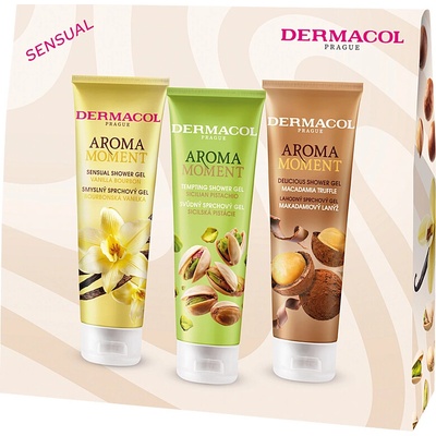 Dermacol Aroma Moment mix fruit Sicilská pistácie sprchový gel 250 ml + Vanilka dprchový gel 250 ml + Makadamiový lanýž sprchový gel 250 ml dárkové balení – Zboží Dáma