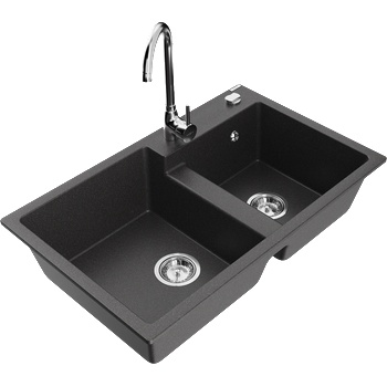 Mexen Tomas гранитна мивка с 2 отделения и кухненски смесител Telma, черен на точки - 6516-76-670200-00 (6516-76-670200-00)