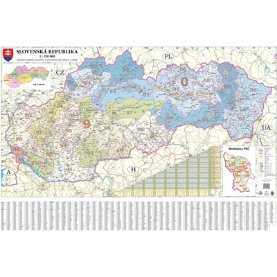 Excart Maps Slovensko - nástěnná mapa PSČ 135 x 90 cm Varianta: bez rámu v tubusu, Provedení: laminovaná mapa v lištách