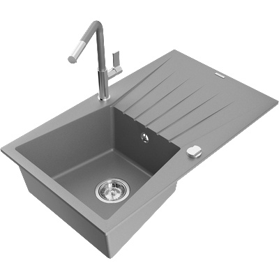 Mexen Cesar гранитна мивка с 1 отделение с отцедник и кухненски смесител Flora, сив - 6514-71-670401-06 (6514-71-670401-06)