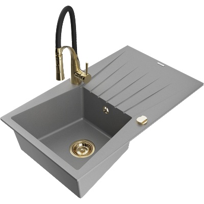 Mexen Cesar гранитна мивка 1-камерна с отцедник и кухненски смесител Aster, сив - 6514-71-73450-57-G (6514-71-73450-57-G)
