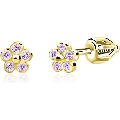 Duppi detské náušnice nezábudky DU 70549 zo žltého zlata s kamienkami fialovými zapínanie balónik