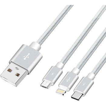 W-star k3v1SR62 USB 3v1, USBC, micro USB, lightning, 2,4A, 3m, stříbrný