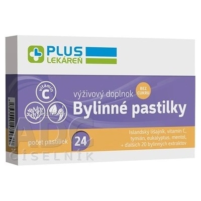 PLUS LÉKÁRNA Bylinné pastilky Bez cukru Islandský lišejník, vitamin C, 24 ks