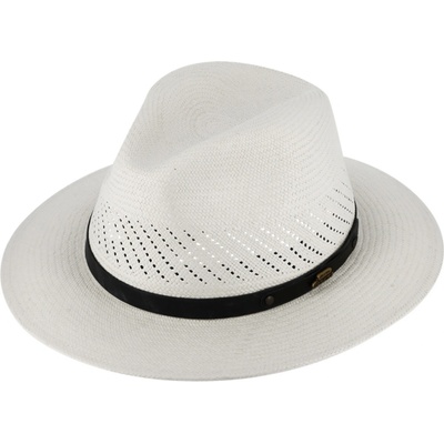 Fiebig Headwear since 1903 Letní panamský klobouk Fedora ručně pletený s koženou stuhou bílý