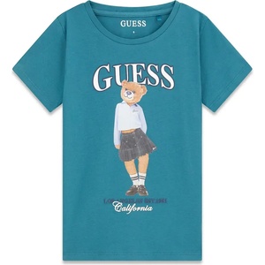 GUESS Синьо-зелена тениска за момиче с цветно мече и бял надпис Guess