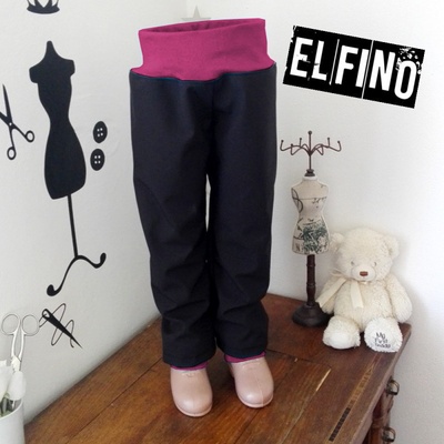 Dětské softshellové kalhoty s kapsami NEZATEPLENÉ černé s fialovým nápletem