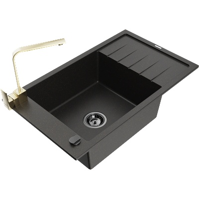 Mexen Elias гранитна мивка с 1 камера с отцедник и кухненски смесител Rita, черен/златист металик - 6511-75-670300-50-B (6511-75-670300-50-B)