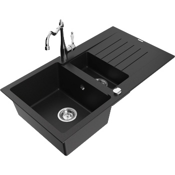 Mexen Matias гранитна мивка 1, 5-камерна с отцедник и кухненски смесител Carla, черен - 6502-77-670700-00 (6502-77-670700-00)