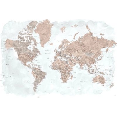 Plagát, Obraz - Blursbyai - mapa sveta - akvarel v telových tónoch, 120 × 80 cm