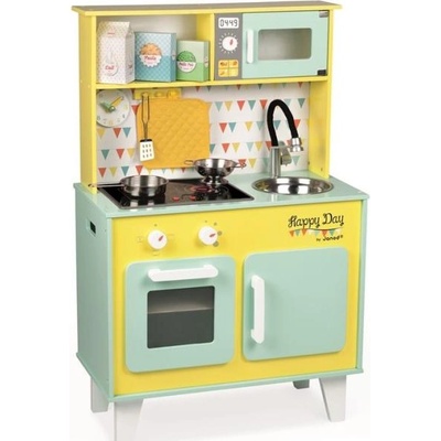 Janod Голяма дървена кухня Happy Day жълта зелена с аксесоари