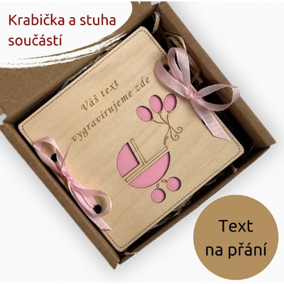 PanDatel Malé dřevěné pouzdro na peníze - NAROZENÍ DÍTĚTE - kočárek - Váš text