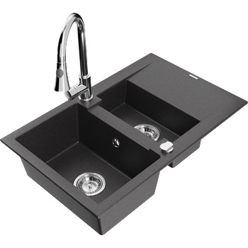 Mexen Gaspar гранитна мивка 1, 5-камерна с отцеждател и кухненски смесител Elia, черен на пръски - 6507-76-670101-00 (6507-76-670101-00)