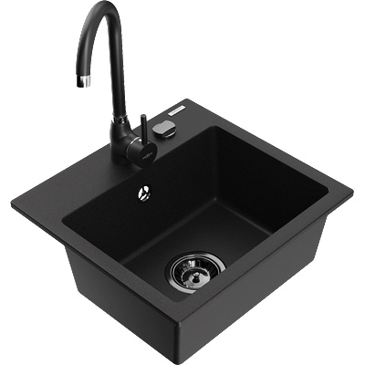 Mexen Milo гранитна кухненска мивка с 1 отделение и кухненски смесител Telma, черен - 6505-77-670200-70-B (6505-77-670200-70-B)