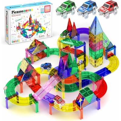 PicassoTiles Magnetická stavebnice a závodní dráha 2v1 128 ks