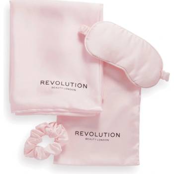 Revolution Haircare The Beauty Sleep Satin povlak na polštář 1 ks + spací maska 1 ks + Satin gumička do vlasů 1 ks + taštička 1 ks dárková sada